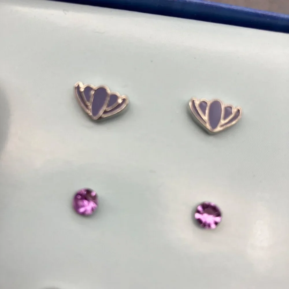 Disney Frozen Stud Earring Set Box 3 Pair Heart Crown Gem Kids Pink Purple Glam